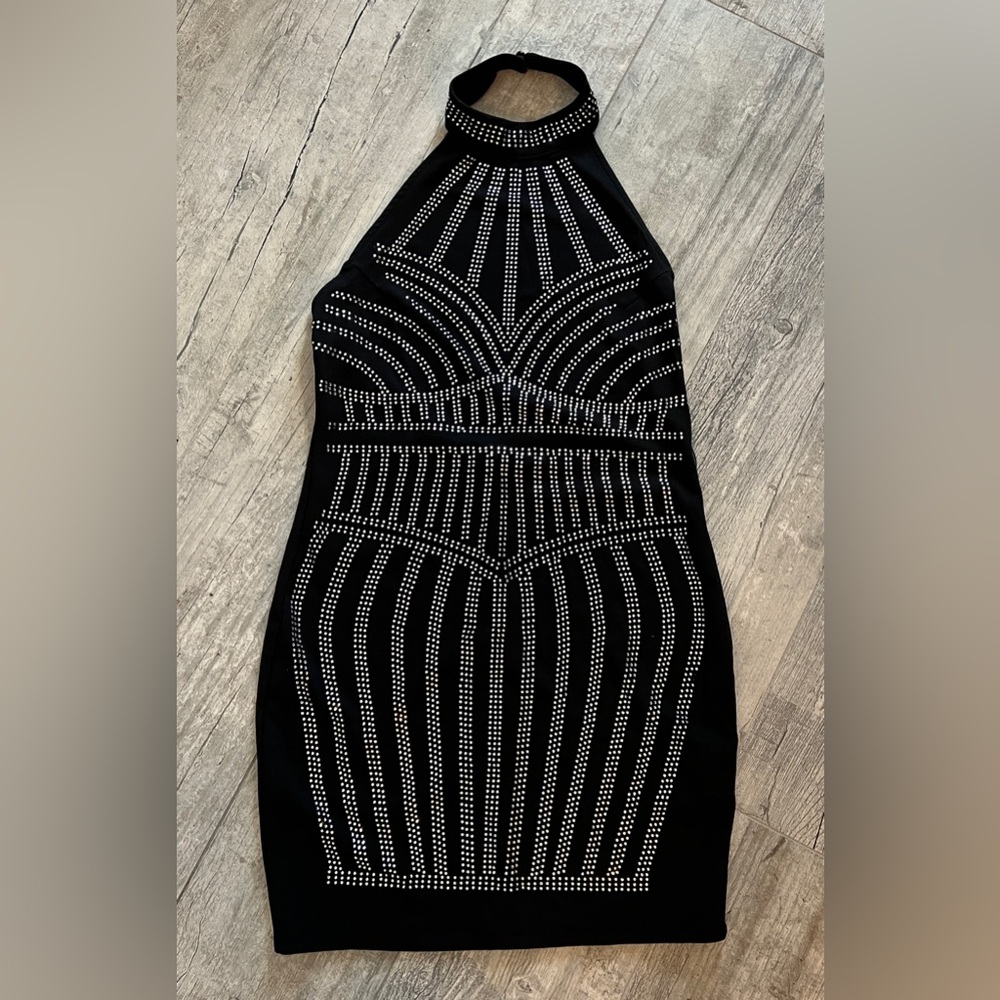 Iris Black Halter Neck Strapless Party Bodycon Dress Silver sparkle-studs Sz L
